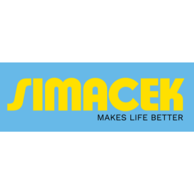 Simacek-Logo in Gelb auf blauem Hintergrund mit dem Slogan ‚Makes Life Better‘.